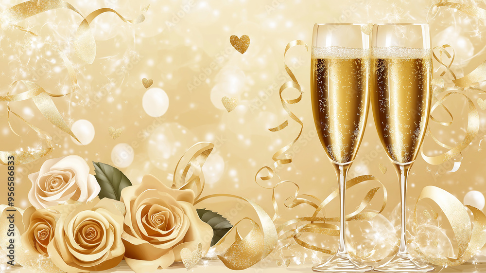A vector featuring a golden number indicating an anniversary, champagne, roses, and elegant decorative elements like ribbons and hearts. A vector featuring a golden number indicating an anniversary, champagne, roses, and elegant decorative elements like ribbons and hearts.