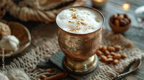 Traditional Turkish ayran in copper cup, frothy and cold, placed on a rustic table with traditional Turkish decor. 