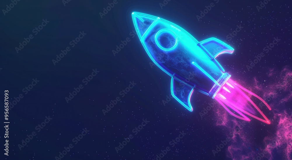 A neon rocket flying through a starry cosmos with colorful trails and glowing effects Perfect for illustrating innovation and exploration A neon rocket flying through a starry cosmos with colorful trails and glowing effects Perfect for illustrating innovation and exploration