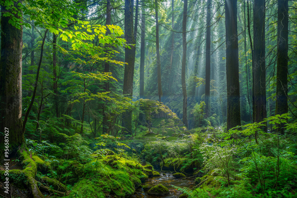 Obraz premium Lush Green Forest with Sun Rays Filtering Through Foliage