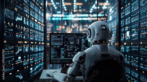 Robot analyzing data on computer screen in server room surrounded by server racks