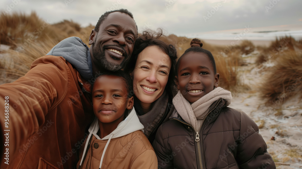 Happy family in cozy winter attire captures a selfie on a chilly and overcast day by the beach Happy family in cozy winter attire captures a selfie on a chilly and overcast day by the beach
