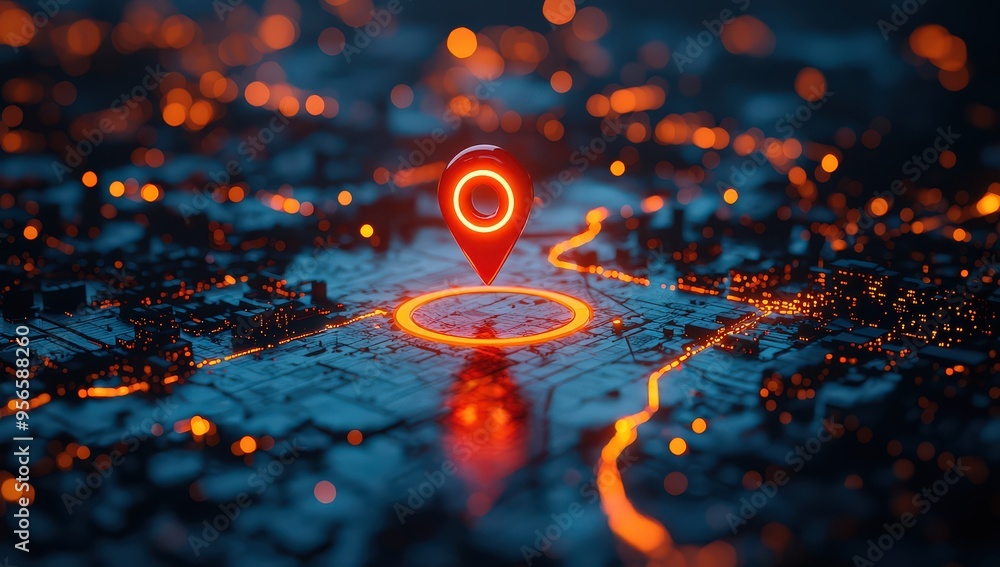 A red location pin on the city map, surrounded by glowing orange lines and bokeh lights. The background is an abstract digital grid with dark blue buildings and yellow street signs. A red location pin on the city map, surrounded by glowing orange lines and bokeh lights. The background is an abstract digital grid with dark blue buildings and yellow street signs.