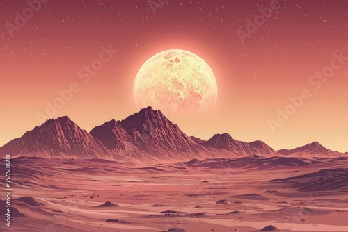 A Distant Planet's Rocky Landscape with a Large Moon in the Sky