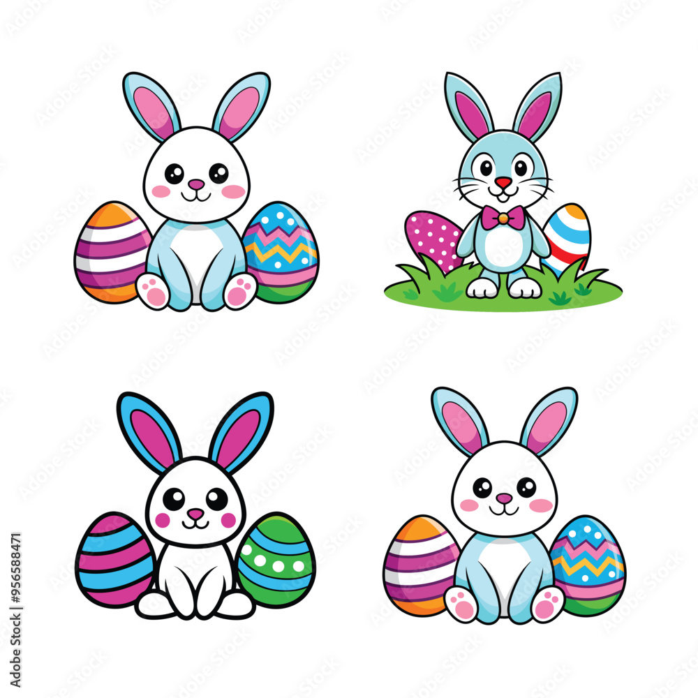 Obraz premium Adorable Easter Bunnies with Eggs Vector Illustration Set