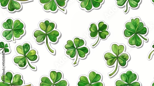 Seamless pattern of green clover leaves stickers is displayed on a white background