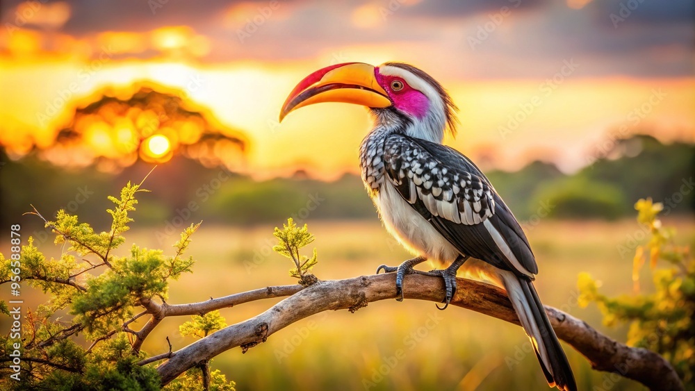 Fototapeta premium A majestic hornbill rests on a branch, its radiant plumage and curved beak basking in the warm, golden light of the savannah's tranquil afternoon.