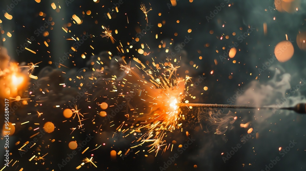 Fototapeta premium A burning sparkler with sparks flying.