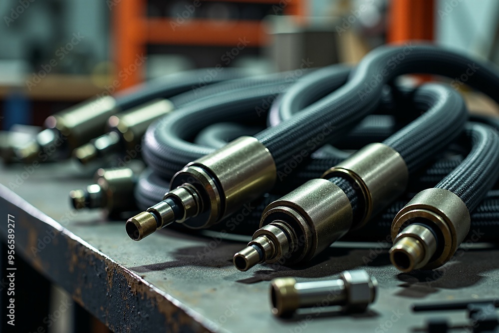 A collection of hoses lying on a table, possibly awaiting use or repair A collection of hoses lying on a table, possibly awaiting use or repair