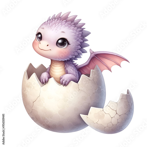 Cute Baby Dragon Hatching from Egg Watercolor