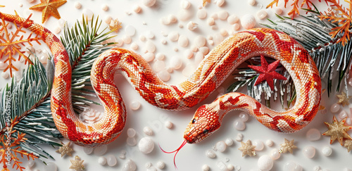 Festive red and white patterned snake with Christmas decorations on a light background. photo