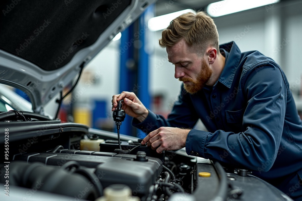 A person working on a car engine in a garage A person working on a car engine in a garage