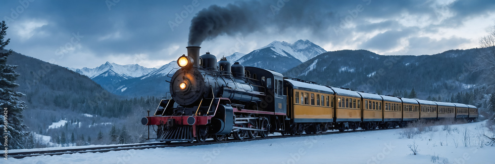 Obraz premium Steam locomotive traverses snowy mountain landscape. For travel, tourism, and transportation themes, evoking nostalgia and adventure in stunning natural settings.