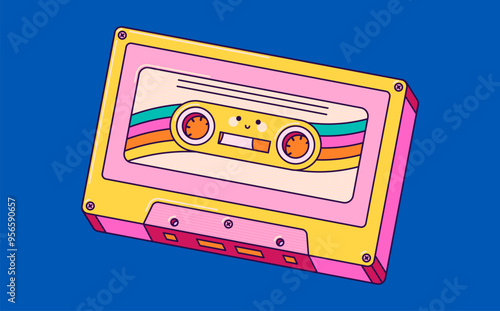 Retro kawaii with cute face cassette for portable music player.