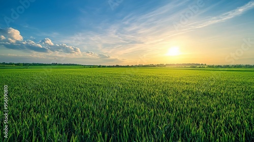 A wide shot of a green grass field, stretching out under a clear sky