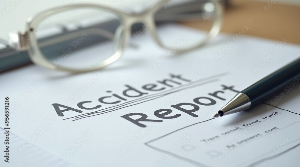 Accident report form with pen and glasses on desk surface Accident report form with pen and glasses on desk surface