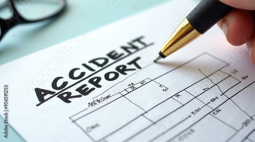 Close-up of accident report form with pen on table