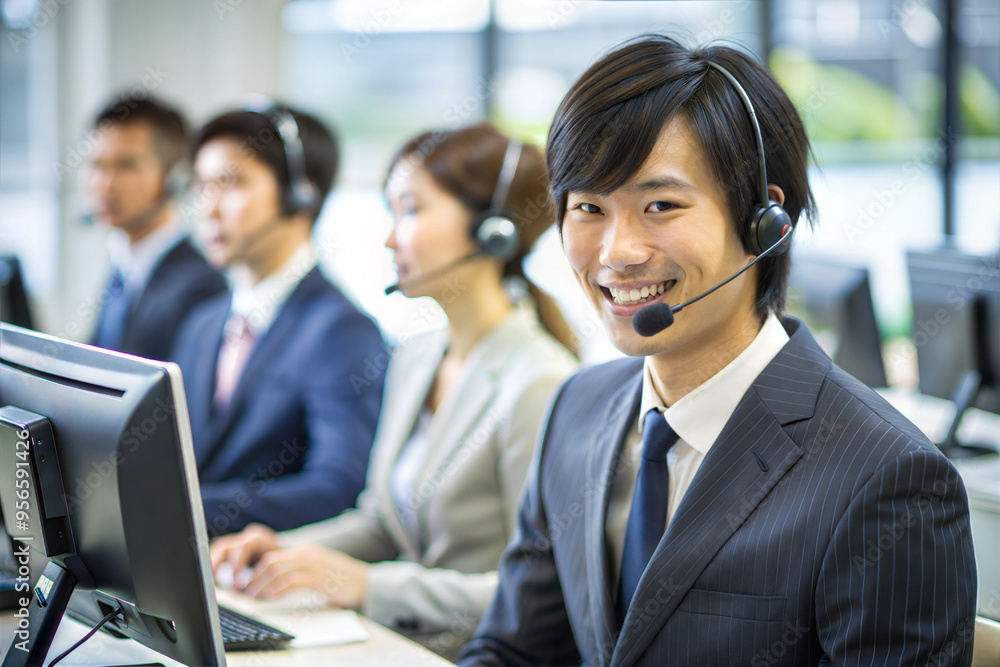 Smiling Asian Male Customer Service Operator on office background Smiling Asian Male Customer Service Operator on office background