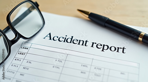 Accident report form with pen and glasses on table