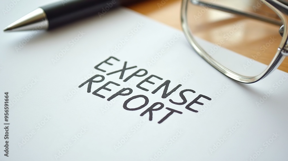 Expense report with pen and glasses on a document Expense report with pen and glasses on a document
