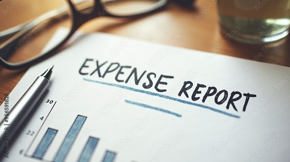Expense report with pen and eyeglasses on a financial document Expense report with pen and eyeglasses on a financial document