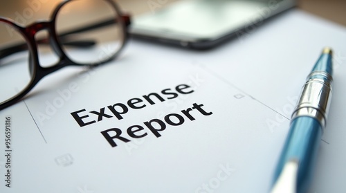 Close-up of expense report with pen and glasses on desk