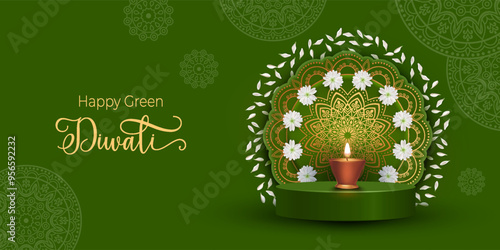 Green Diwali. Concept design. Traditional background with diya lamp on podium and rangoli pattern made of white flowers and petals