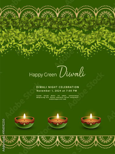 Green Diwali Poster Template. Concept design. Traditional Indian copper diya lamp and pattern made of green leaves
