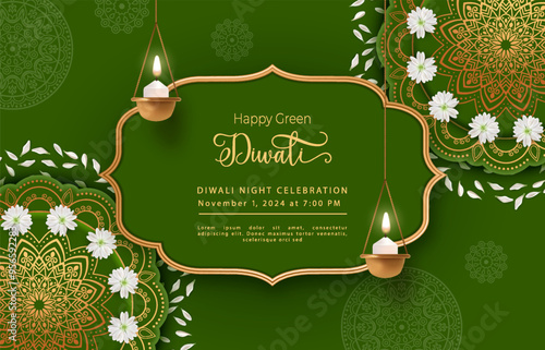 Green Diwali Concept design. Traditional background with hanging diya lamp, golden frame and rangoli pattern made of white flowers