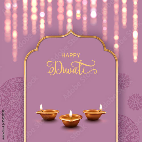 Diwali Festival sale banner with with lights, copper diya lamp and golden frame