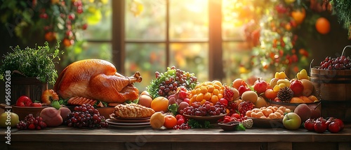 Roasted Turkey & Fresh Fruits Festive Thanksgiving Table.