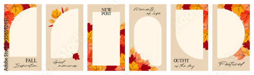 Autumn aesthetics social media story templates for influencer blog. Place for photo. Set of vector frames with bright autumn leaves.