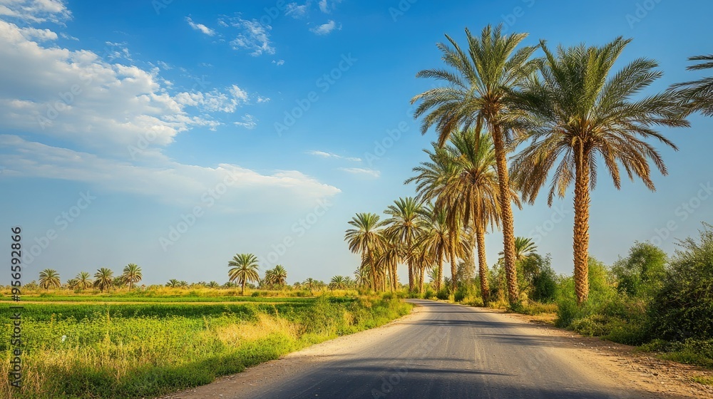 View of tall palm date trees standing beside a winding country road, their green fronds contrasting against a deep blue sky, capturing a serene landscape View of tall palm date trees standing beside a winding country road, their green fronds contrasting against a deep blue sky, capturing a serene landscape