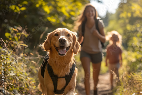 Glückliche Familie beim Wandern mit ihrem Hund photo