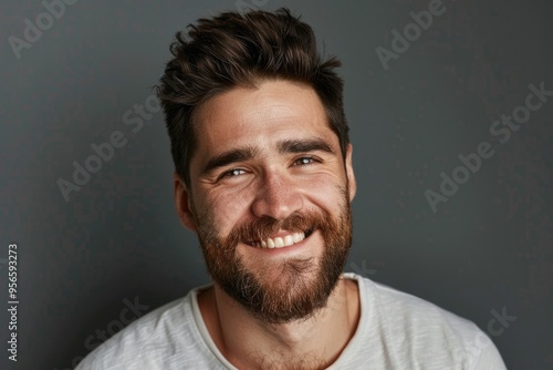 Handsome man with beard and modern haircut smiling in studio.