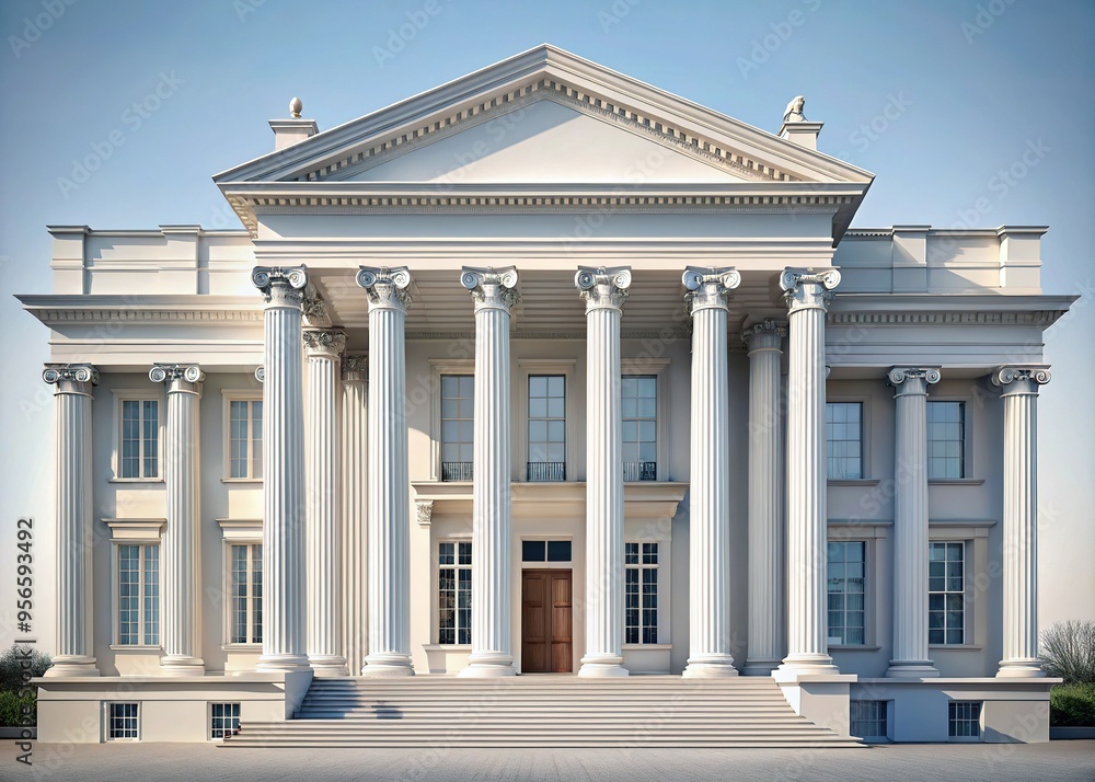 Obraz premium A neoclassical white building with columns rises majestically against a soft grey backdrop, its symmetrical design exuding timeless elegance and grandeur.