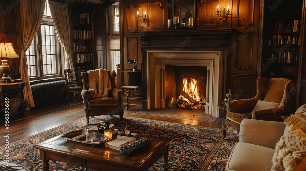 A cozy living room with a fireplace, a bookcase, and several armchairs. A cozy living room with a fireplace, a bookcase, and several armchairs.