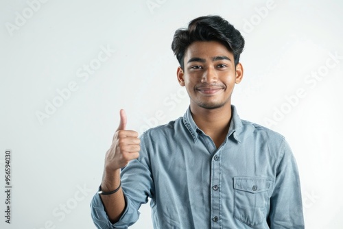 Confident young Indian man smiling and showing thumbs up.