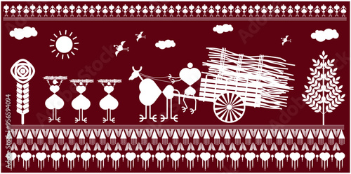 warli painting, A tribal woman is walking through a wood-picking path, warli atr there are clouds in the sky, birds, sun, open sky, a ox cart is passing through the path, there is a dense forest nearb