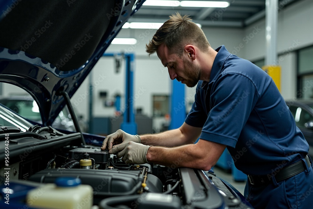 A person working on a car engine in a well-lit garage, with tools and machinery nearby A person working on a car engine in a well-lit garage, with tools and machinery nearby