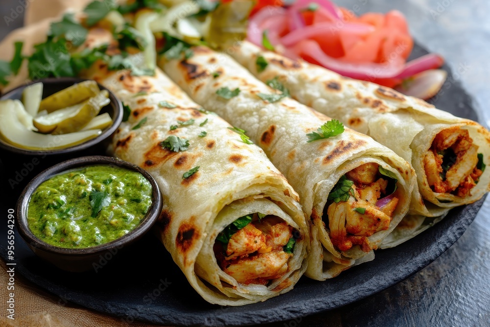 Three delicious chicken wraps served with green chutney and pickles on a black plate. Three delicious chicken wraps served with green chutney and pickles on a black plate.