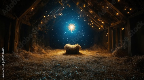 empty wooden manger bathed in starlight humble stable interior strawstrewn floor bethlehem star shining through cave opening creating mystical ambiance photo