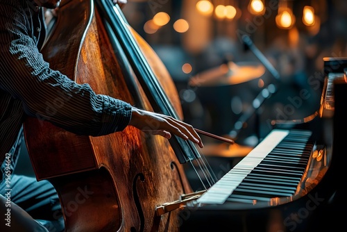 A male musician playing double bass and piano in a cozy, illuminated jazz setting. photo