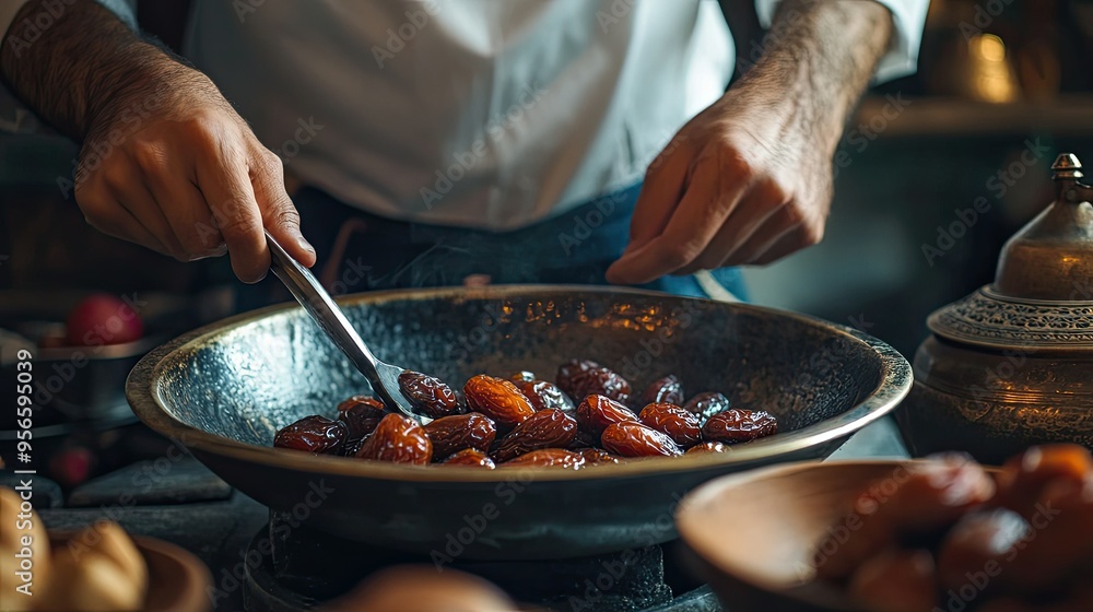 A person preparing a traditional Middle Eastern dish using dates, such as dates stuffed with almonds or date paste. A person preparing a traditional Middle Eastern dish using dates, such as dates stuffed with almonds or date paste.