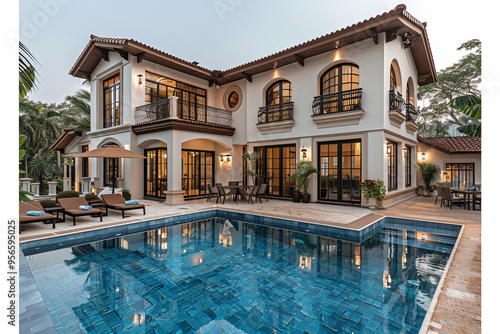 luxurious, richly adorned large two-storey villa with an open-air pool exudes opulence and elegance, as warm glow of evening sun bathes exquisite interior in a golden hue, creating a captivating and i