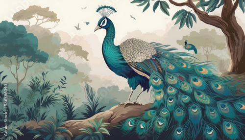 an image showcasing the wildlife commonly found in Mughal Gardens, such as peacocks and other birds, highlighting their role in the garden's ecosystem.