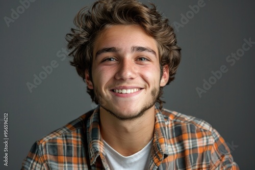 Close up portrait of cheerful young man in checkered shirt.