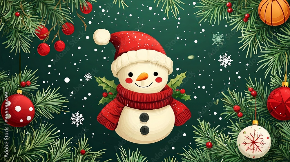 An adorable snowman wearing a red hat and scarf, surrounded by festive Christmas decorations including pine branches, red ornaments, and snowflakes, embodying holiday spirit. An adorable snowman wearing a red hat and scarf, surrounded by festive Christmas decorations including pine branches, red ornaments, and snowflakes, embodying holiday spirit.