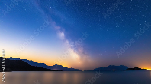 Beautiful view of milky way glowing on the sky with mountains and river and reflections of stars 