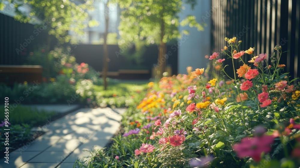 Vibrant Summer Garden with Blooming Flowers and Stone Pathway Vibrant Summer Garden with Blooming Flowers and Stone Pathway
